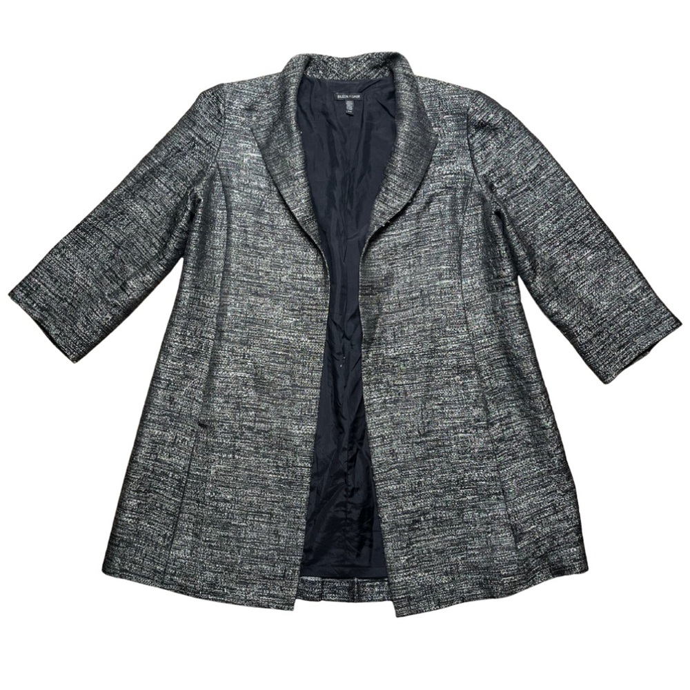 Eileen Fisher Metallic Jacquard Long Coat M Organic Cotton Silk Quiet Luxury